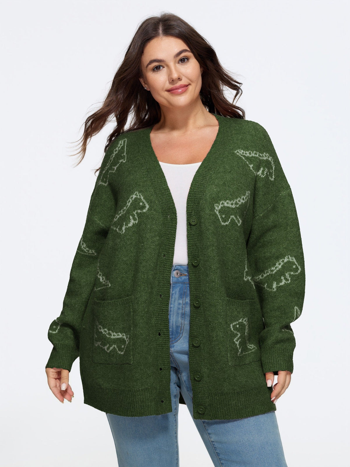 Jacquard Dinosaur Print Knit Cardigan