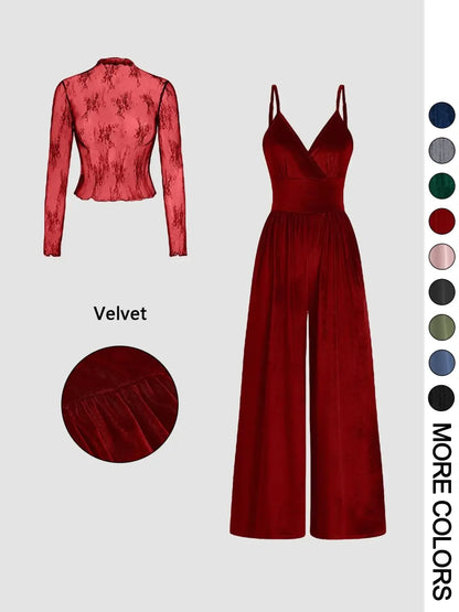 Women's Knitted Lace Tee & High Waist Pocket Jumpsuit Two-piece Set
