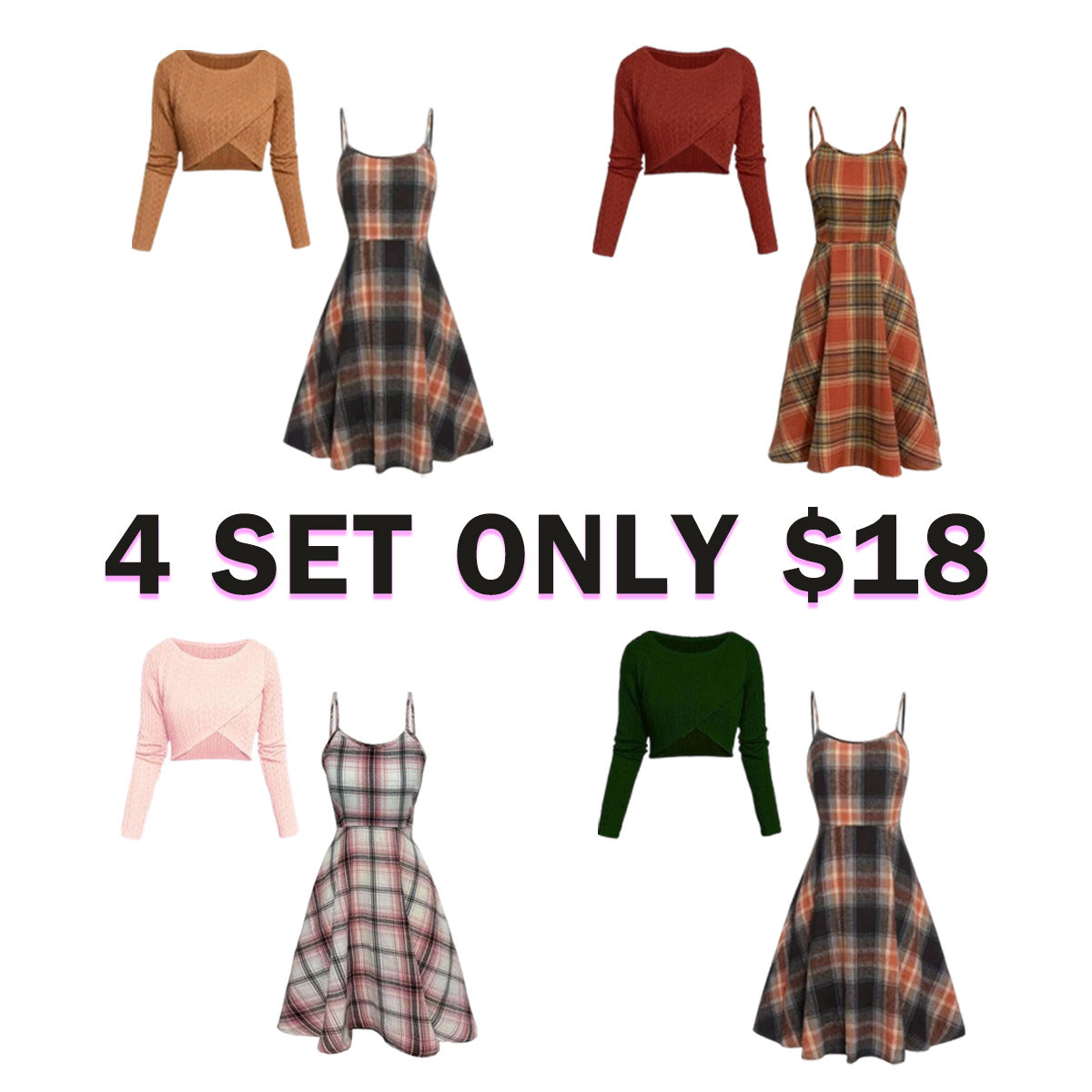 Women's Long Sleeve Crop Top & Plaid Print A-Line Dress Set