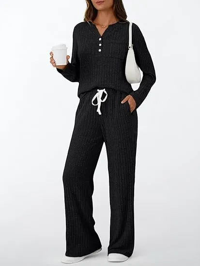 Womens 2 Piece Lounge Sets Fall Outfits Henley Neck Sweater 2025 Matching Sweat Suits Comfy Pajamas Clothes Pockets