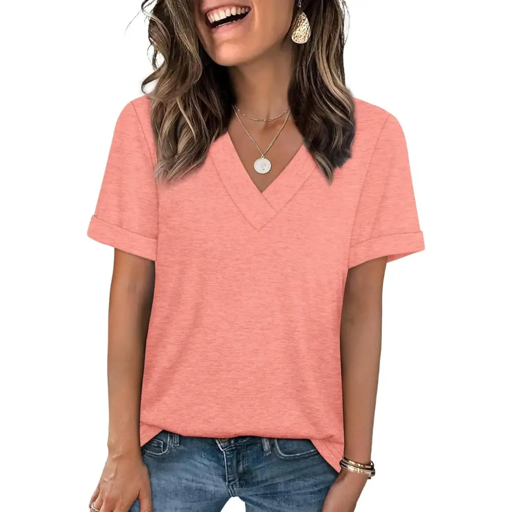 Women's Summer Tops Short Sleeve Basic Casual V Neck T Shirts
