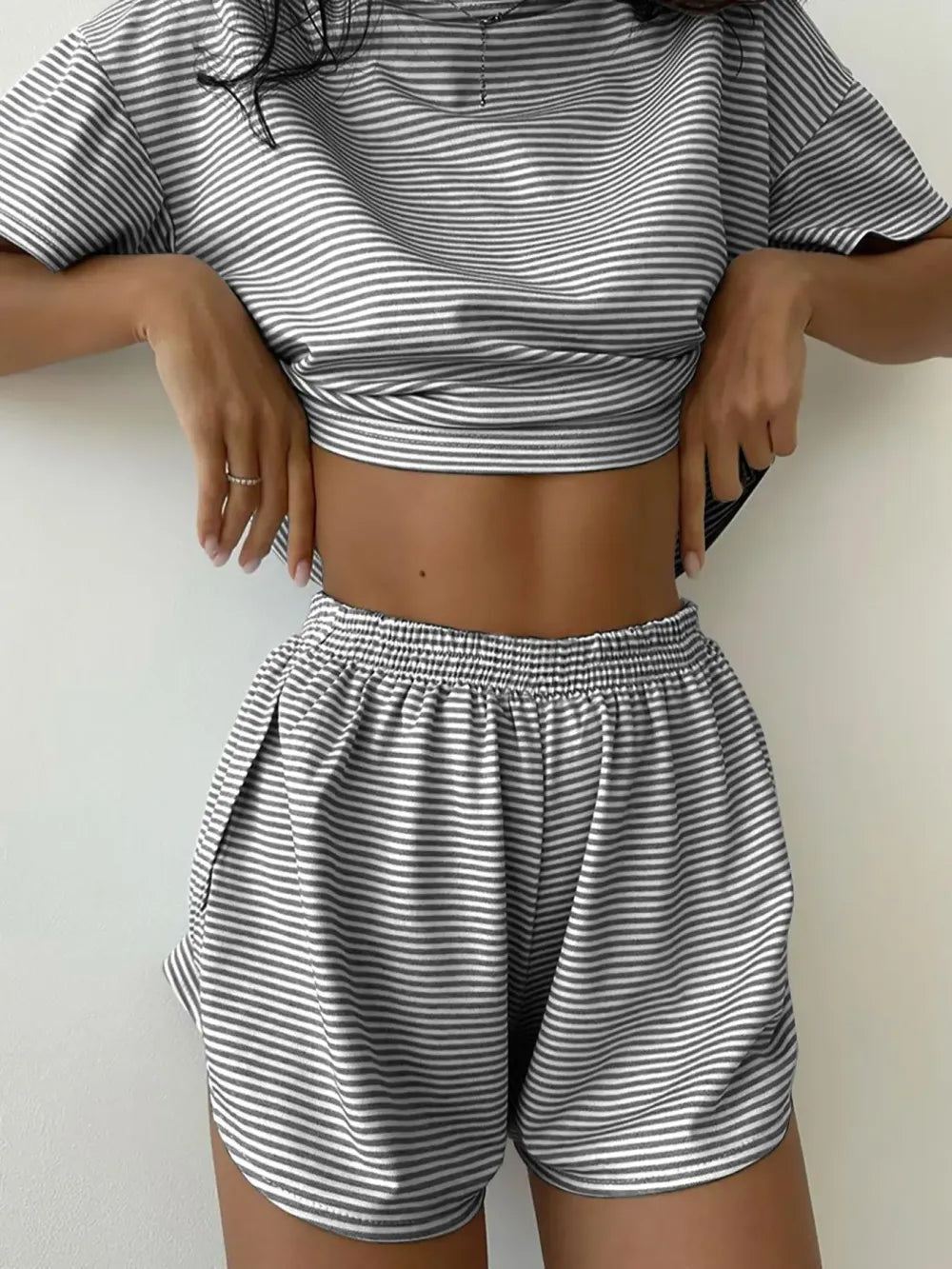 Women's Striped Print Drop Shoulder Tee & Wrap Split Shorts Pyjama Set