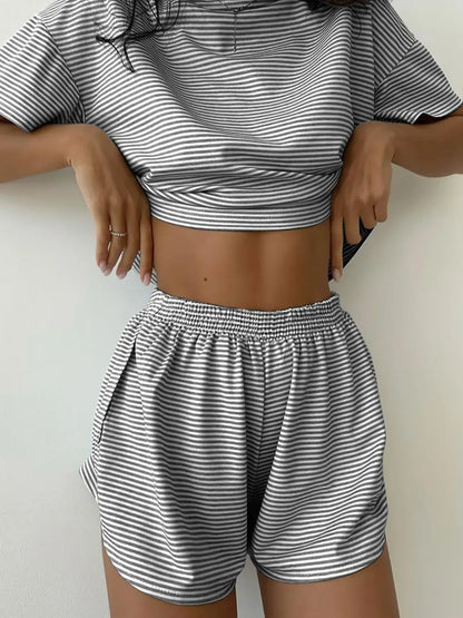 Women's Striped Print Drop Shoulder Tee & Wrap Split Shorts Pyjama Set