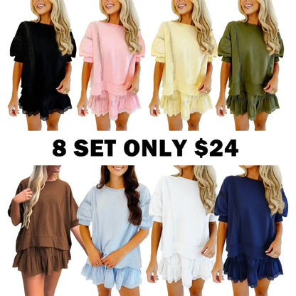 Women's 2 Piece Cotton Lace Trim Outfit Set