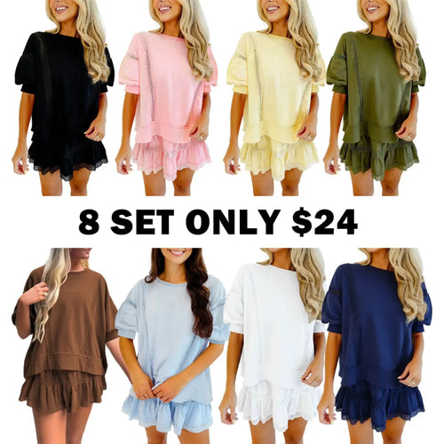 Women's 2 Piece Cotton Lace Trim Outfit Set