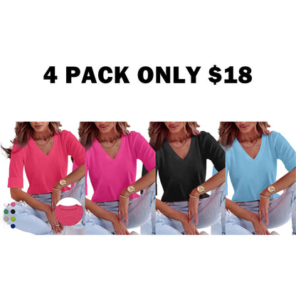 Plus Size Solid V Neck Roll Up Sleeve Tee