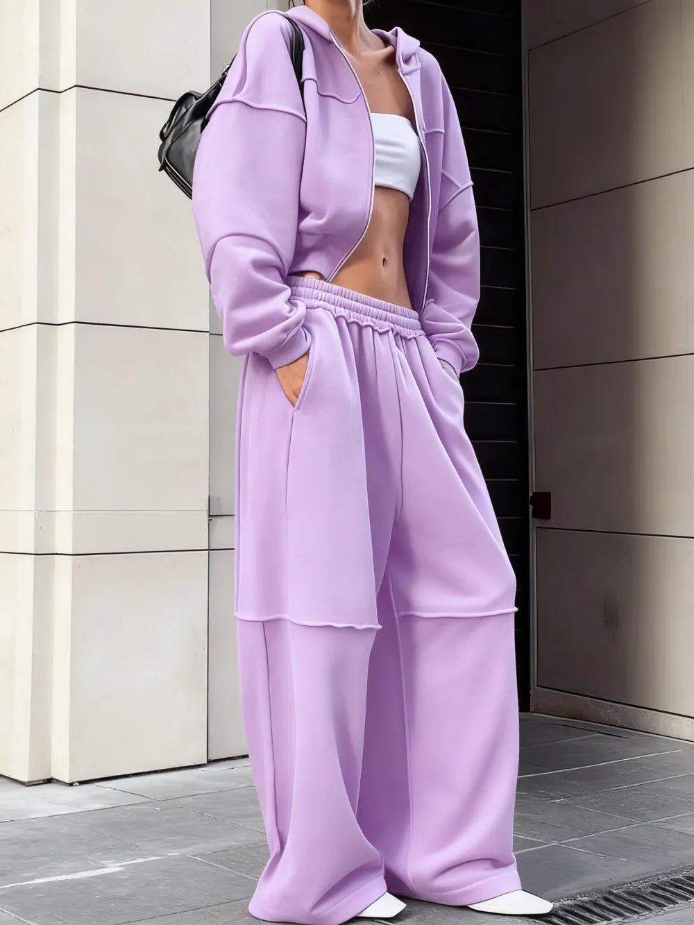 Women's Solid Zip Up Hooded Sweatshirt & Pocket Elastic Waist Pants Two-piece Set