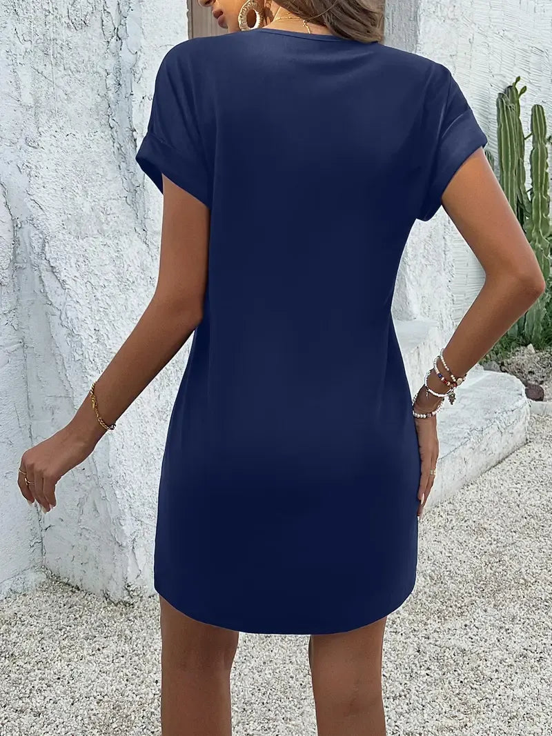 Women's Plain Button V Neck Tee Dress