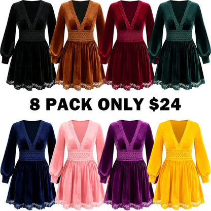 Velvet Lace Patchwork Lantern Sleeve Long Dress