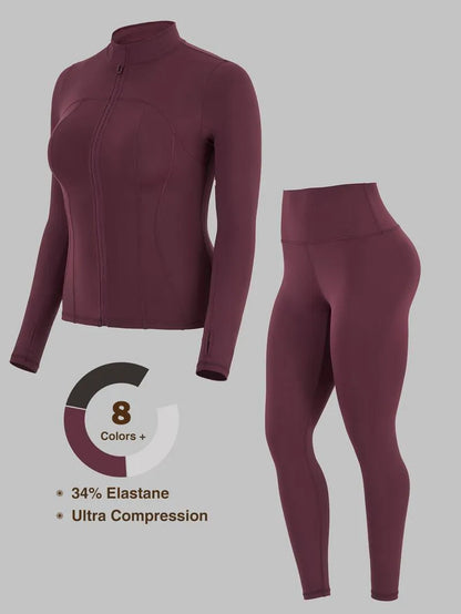 Solid Zip Up Jacket & High Waist Leggings Tracksuit Set