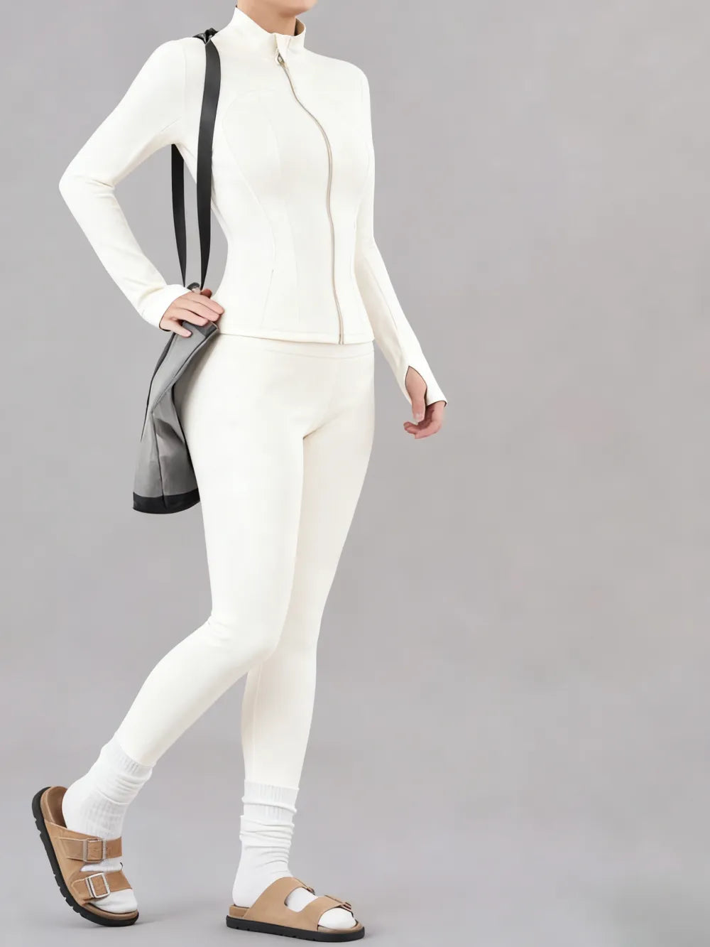 Solid Zip Up Jacket & High Waist Leggings Tracksuit Set