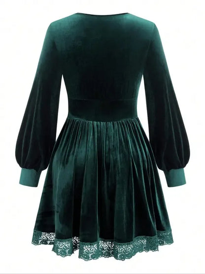Velvet Lace Patchwork Lantern Sleeve Long Dress