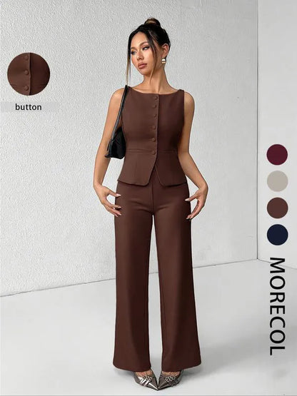Women's Solid Button Front Tank Top & Wide Leg Pants Set