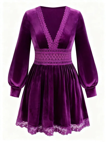 Velvet Lace Patchwork Lantern Sleeve Long Dress