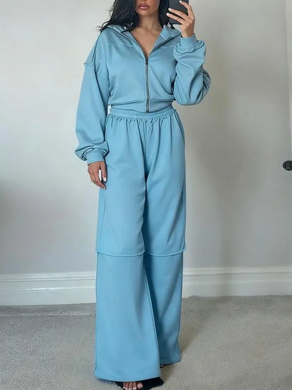 Women's Solid Zip Up Hooded Sweatshirt & Pocket Elastic Waist Pants Two-piece Set
