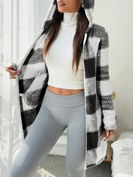 Plaid Fleece Long Sleeve Hooded Coat