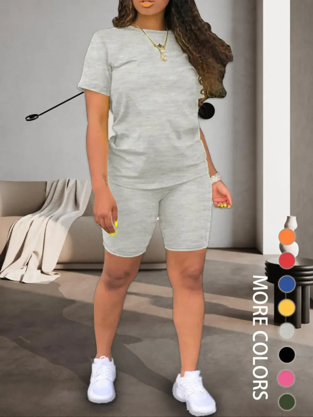 Two-piece Set Women's Fitted Plain Round Neck Tee & Skinny Shorts Set