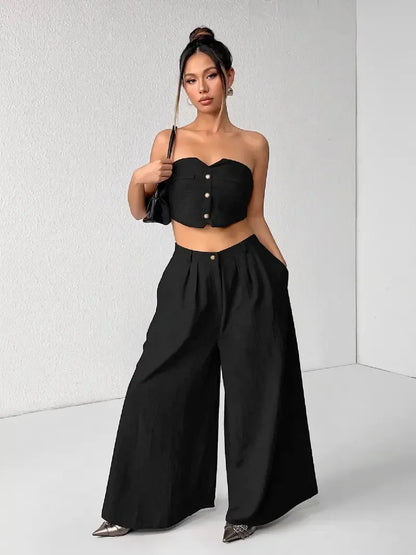 Women's Strapless Crop Top & Wide Leg Pants 2 Piece Set