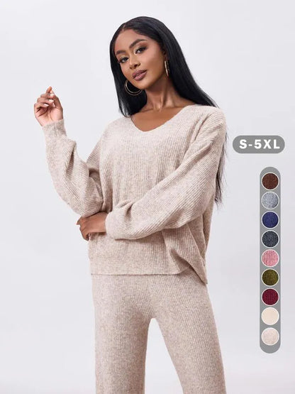 Two-piece Set Women's Solid Color Drop Shoulder Sweater & Pants