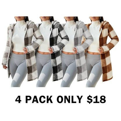 Plaid Fleece Long Sleeve Hooded Coat