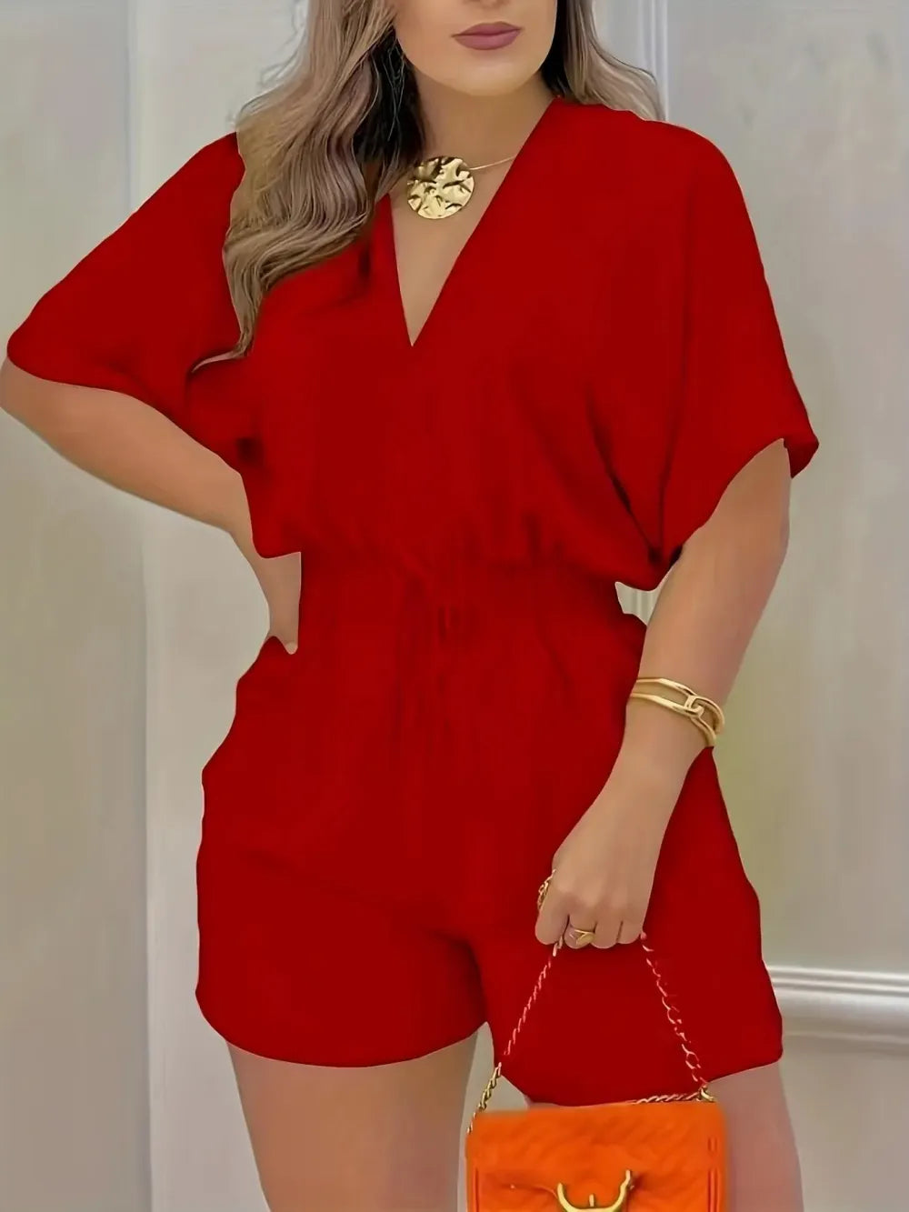Women's Plain Drawstring Shirred Waist V Neck Romper