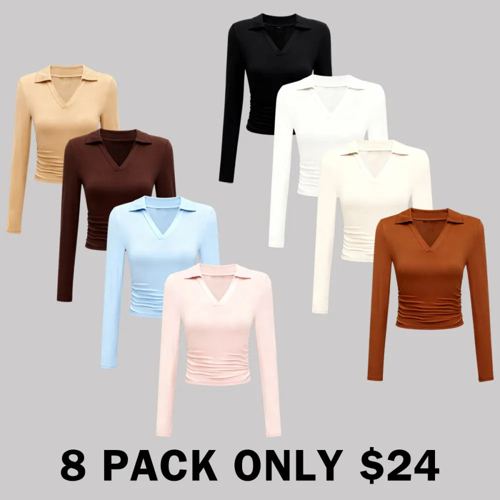 Knit Solid Color Long Sleeve V Neck Top