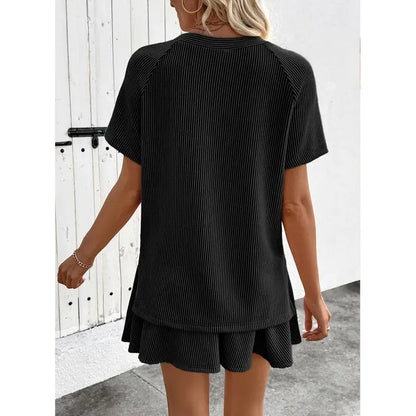 Women's 2 Piece Sets Ribbed Knit Short Sleeve Tops & Lined Pleated Mini Skirt Lounge Sets