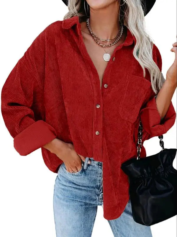 Plain Pocket Button Front Corduroy Shirt
