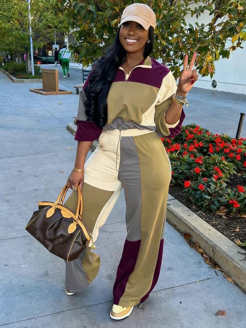 Set Women's Colorblock Zip Up Jacket & Wide Leg Pants