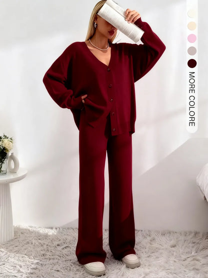 Women's Solid V Neck Cardigan & Elastic Waist Wide Leg Pants Two-piece Set