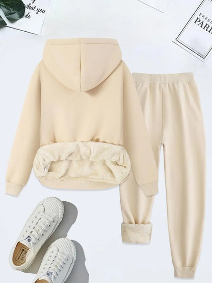 Women's Thermal Lined Solid Color Hoodie & Drawstring Waist Pants Two-piece Set
