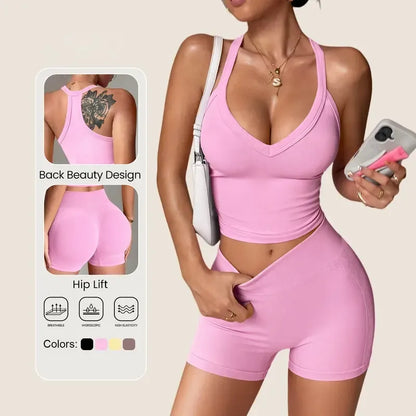 Women's Halter V-Neck Sports Two-Piece Set