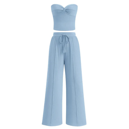 Women Summer Ribbed Strapless Twist Knot Tube Top Pants Set