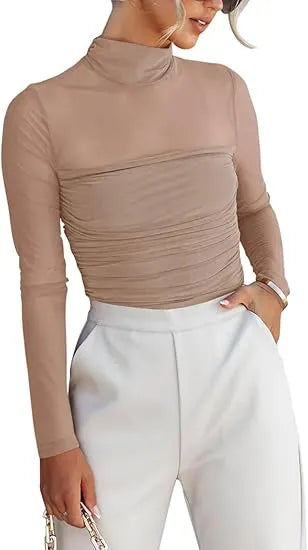 Women’s Long Sleeve Sheer Mesh Ruched Going Out Bodysuits Tops