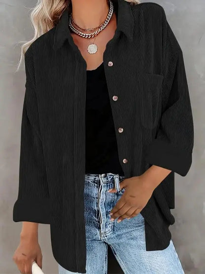 Plain Pocket Button Front Corduroy Shirt