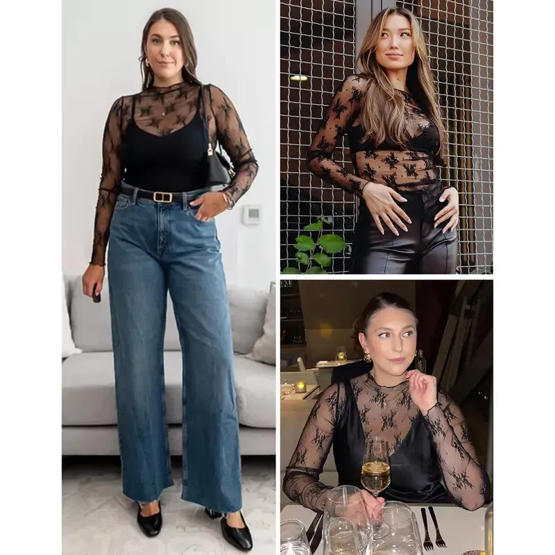 Women‘s Mesh Tops Lace Spring Long Sleeve Shirts
