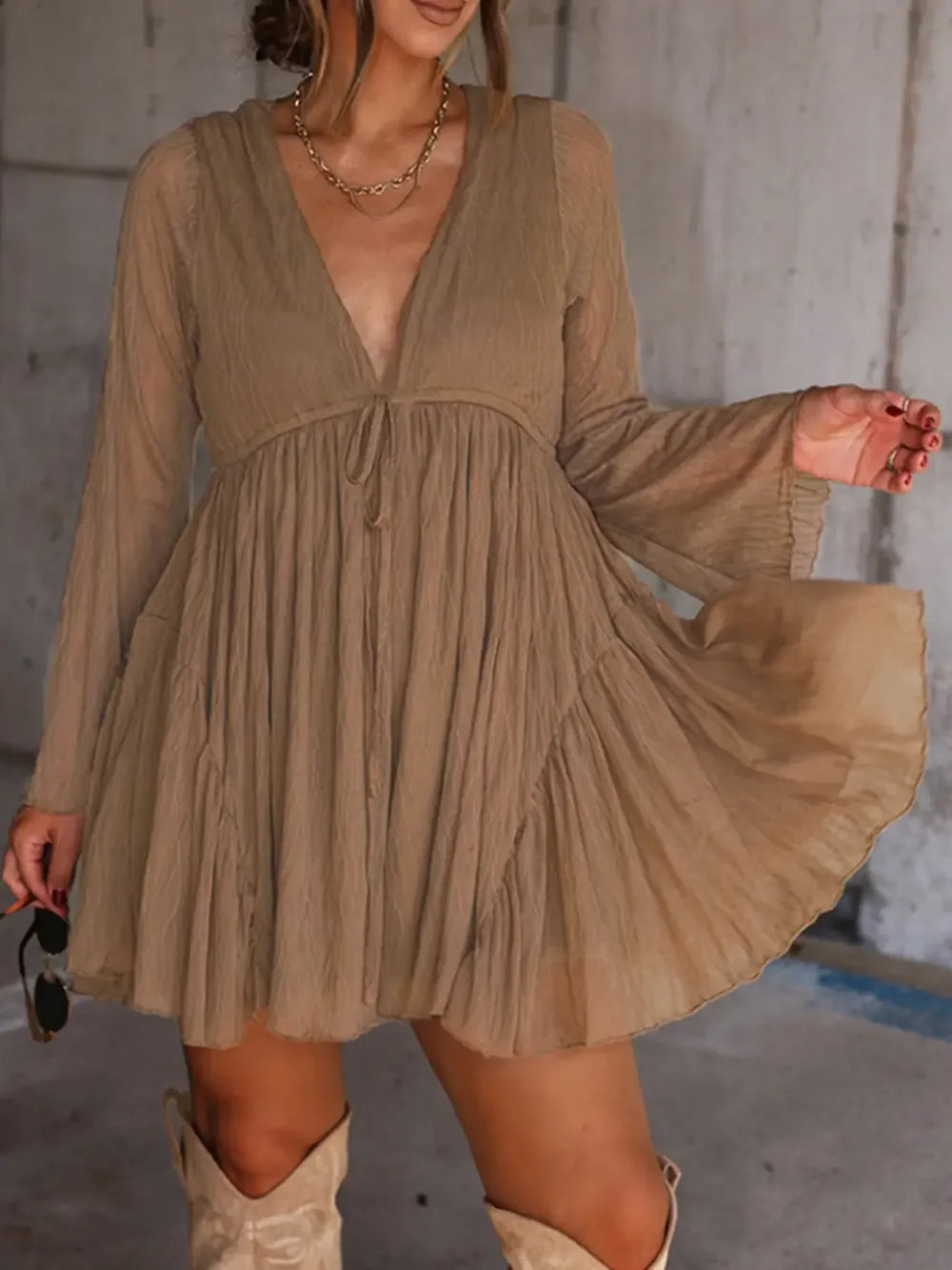 Women's V Neck Long Sleeve Dress with Pants Lining