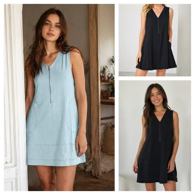 Women's Half-Zip Cotton A-Line Mini Dress