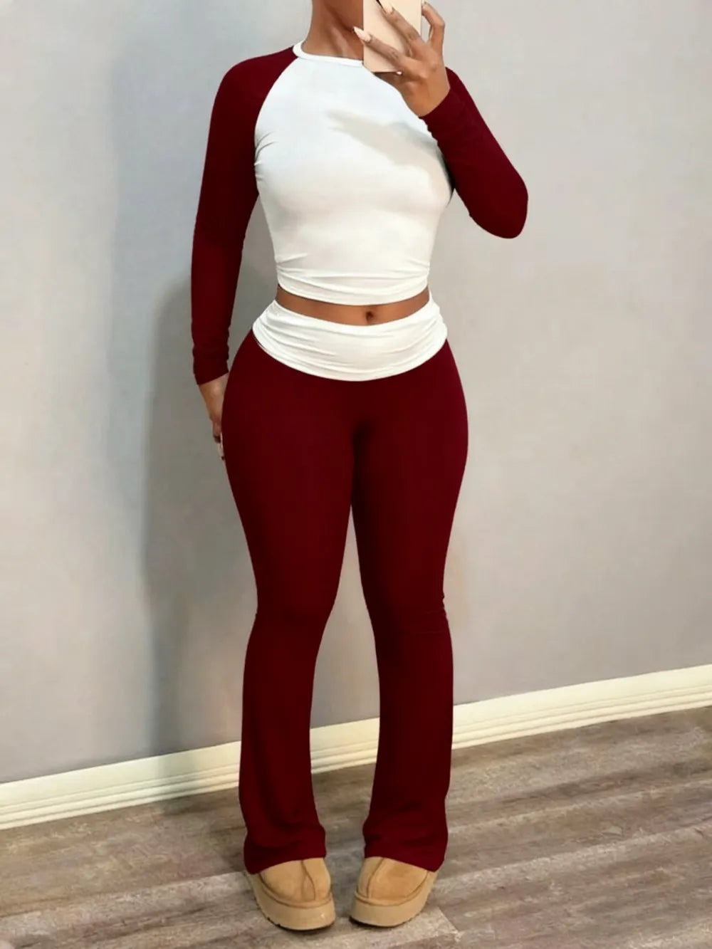 Round Neck Long Sleeve Color Block T-Shirt with Ruffled Flare Pants Set