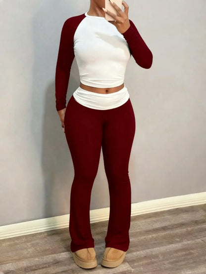 Round Neck Long Sleeve Color Block T-Shirt with Ruffled Flare Pants Set