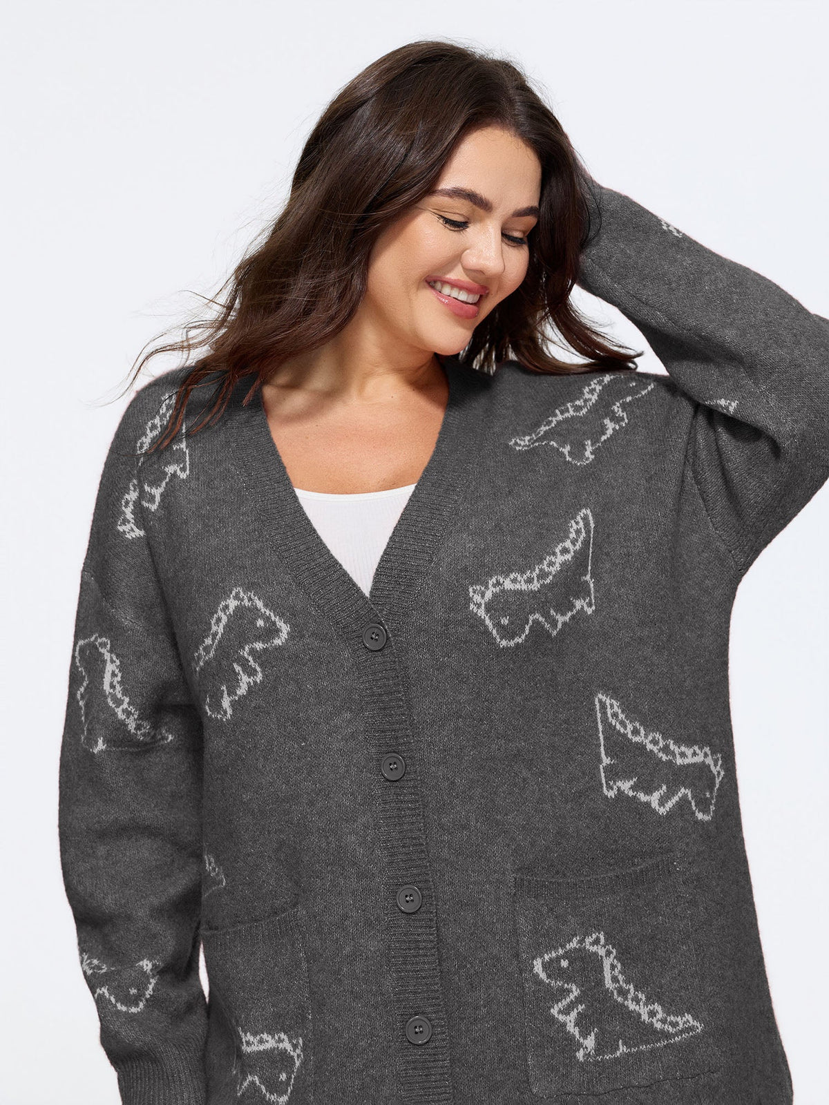 Jacquard Dinosaur Print Knit Cardigan