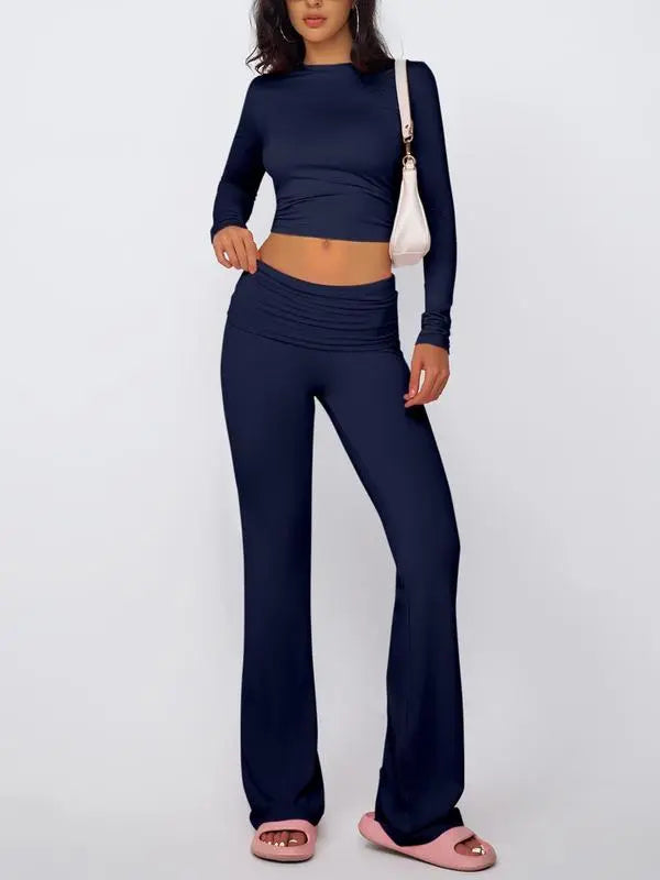 Women's Solid Long Sleeve Crop Tee & Flare Leg Skinny Pants Loungewear Set