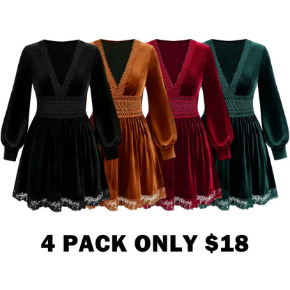 Velvet Lace Patchwork Lantern Sleeve Long Dress