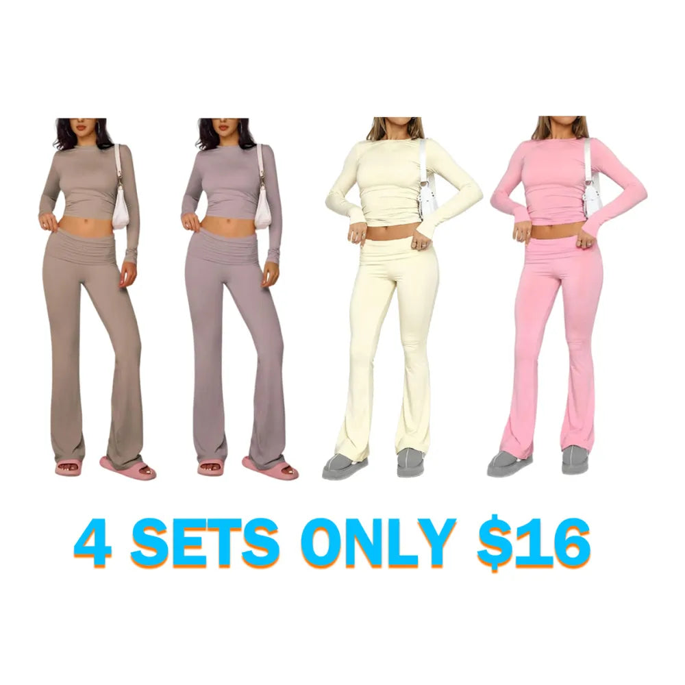 Women's Solid Long Sleeve Crop Tee & Flare Leg Skinny Pants Loungewear Set