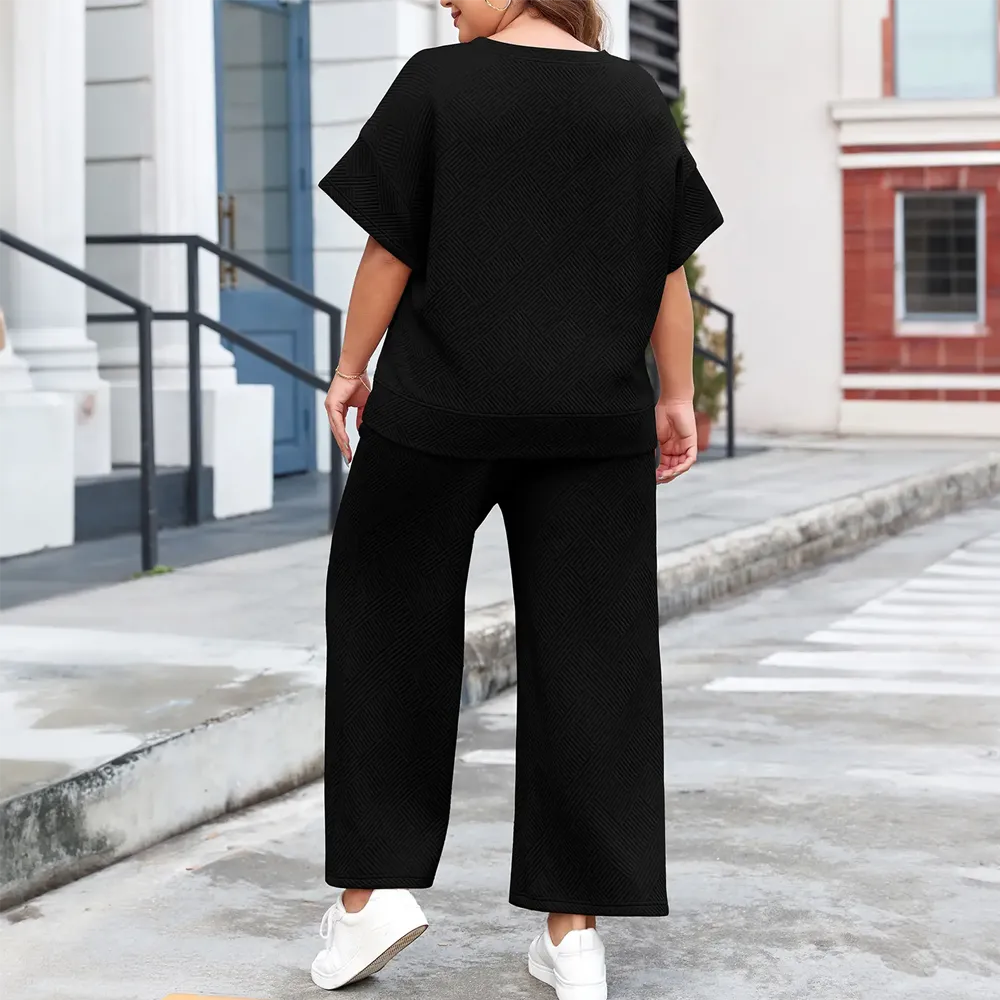 Women's Plus Size Short Sleeve Top & High Waist Wide Leg Pants 2-Piece Lounge Set