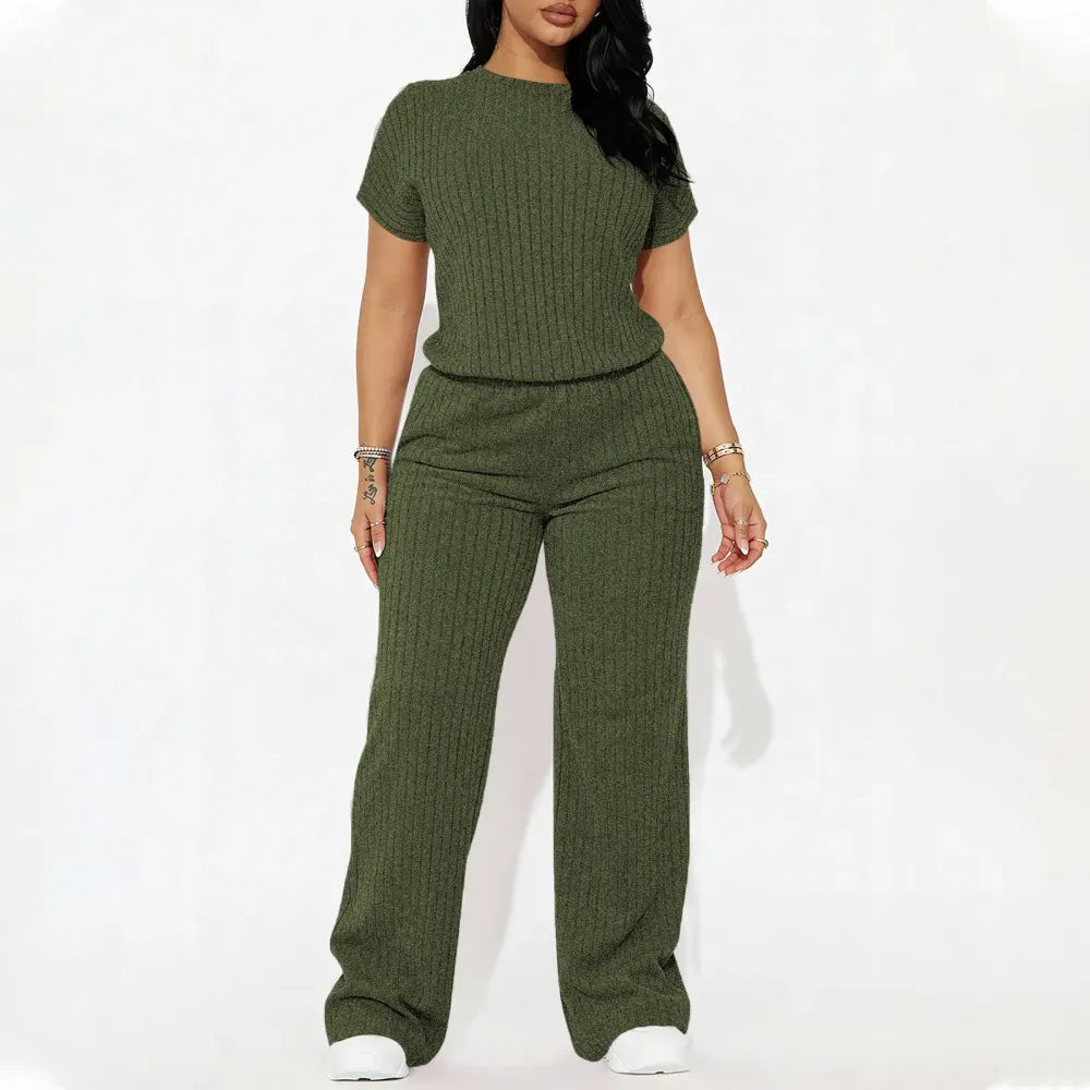 Women's Solid Shortsleeve Crewneck Ribbed Top & Wide Leg Pants