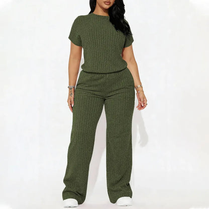 Women's Solid Shortsleeve Crewneck Ribbed Top & Wide Leg Pants