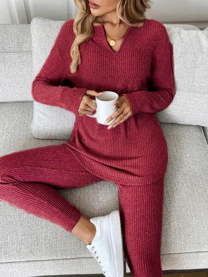2pcs/Set Women's Plush Rib-Knit Leggings Suit