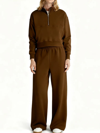 Fleece Half Zip Pullover & Cargo Wide-Leg Pants 2-Piece Set