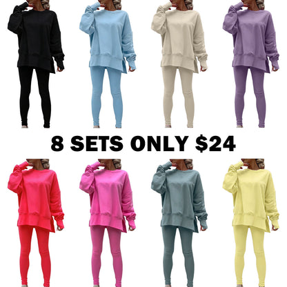 Women's Fashionable Solid Color Casual Long Sleeved Round Neck Hoodie Top Stripe Pants Set